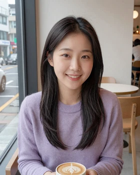 Stylish Korean woman enjoying coffee at a modern Seoul cafe