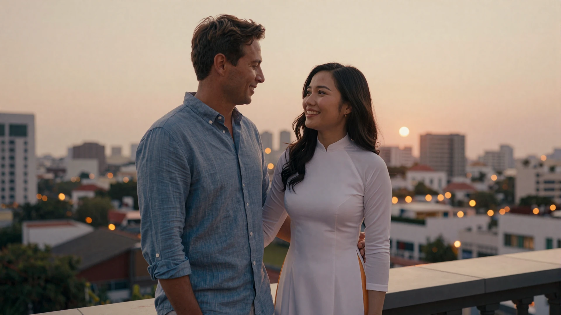 Happy American-Asian couple sharing a romantic sunset moment on a city rooftop terrace