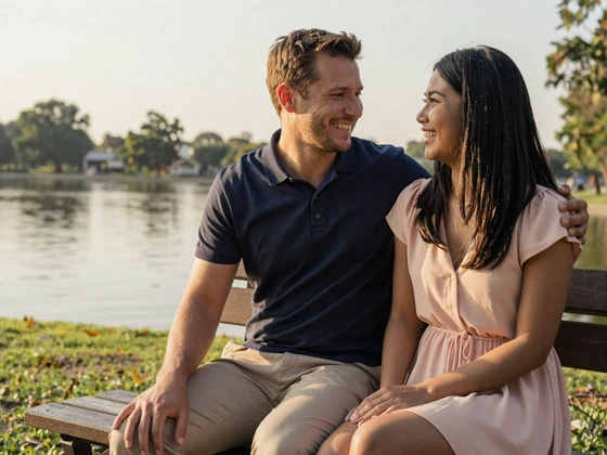 Happy American-Asian couple on a park bench - asian dating success story