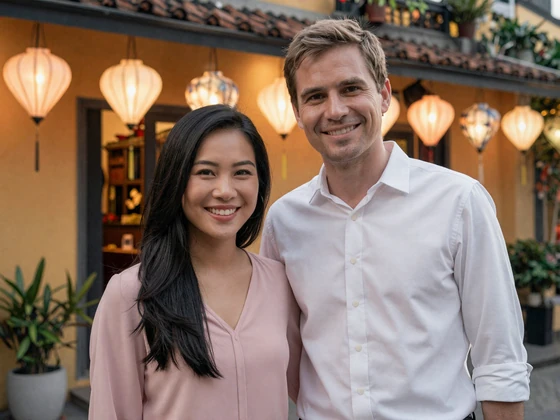 Michael and Linh sharing a happy moment on a lantern-lit street in Vietnam