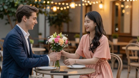 First date tips guide showing man giving flowers to Korean woman at outdoor cafe