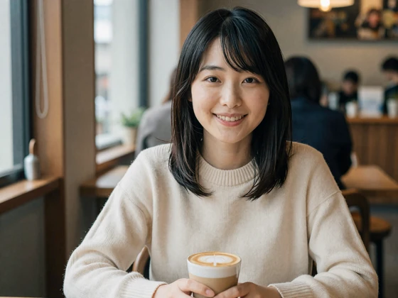 Japanese woman enjoying coffee at a cafe representing SakuraDate user