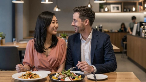 Interracial couple on a first date at an Asian restaurant