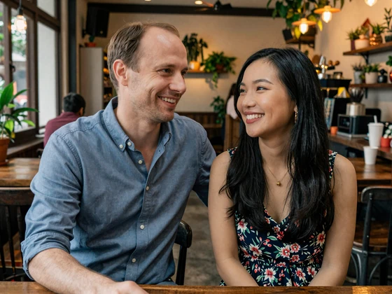 Brian and Nhi enjoying coffee together at a cozy Vietnamese cafe in Hanoi