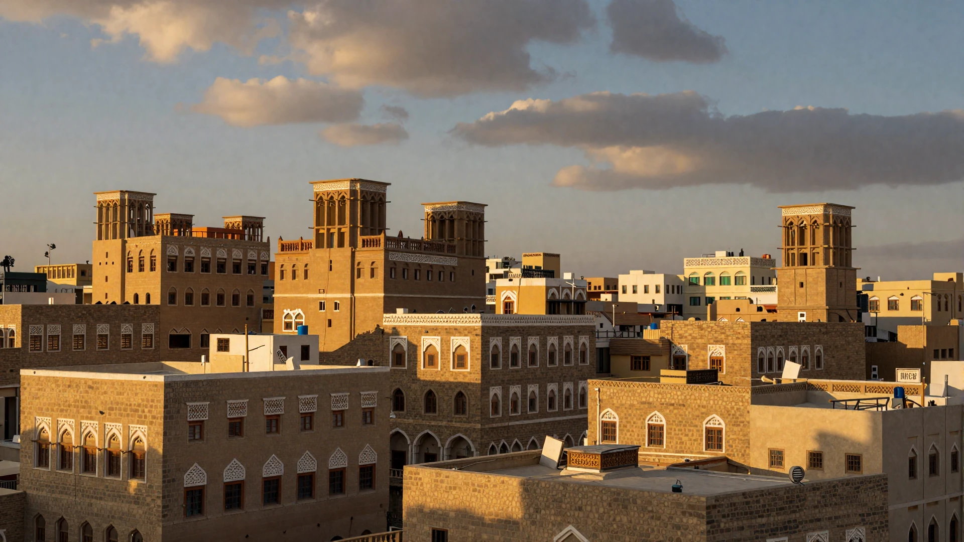 Ancient Sana'a Old City tower houses at golden hour representing Yemeni cultural heritage for Yemeni women dating
