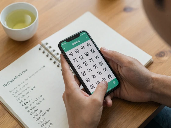 Man studying Asian language phrases on smartphone and handwritten notebook with green tea