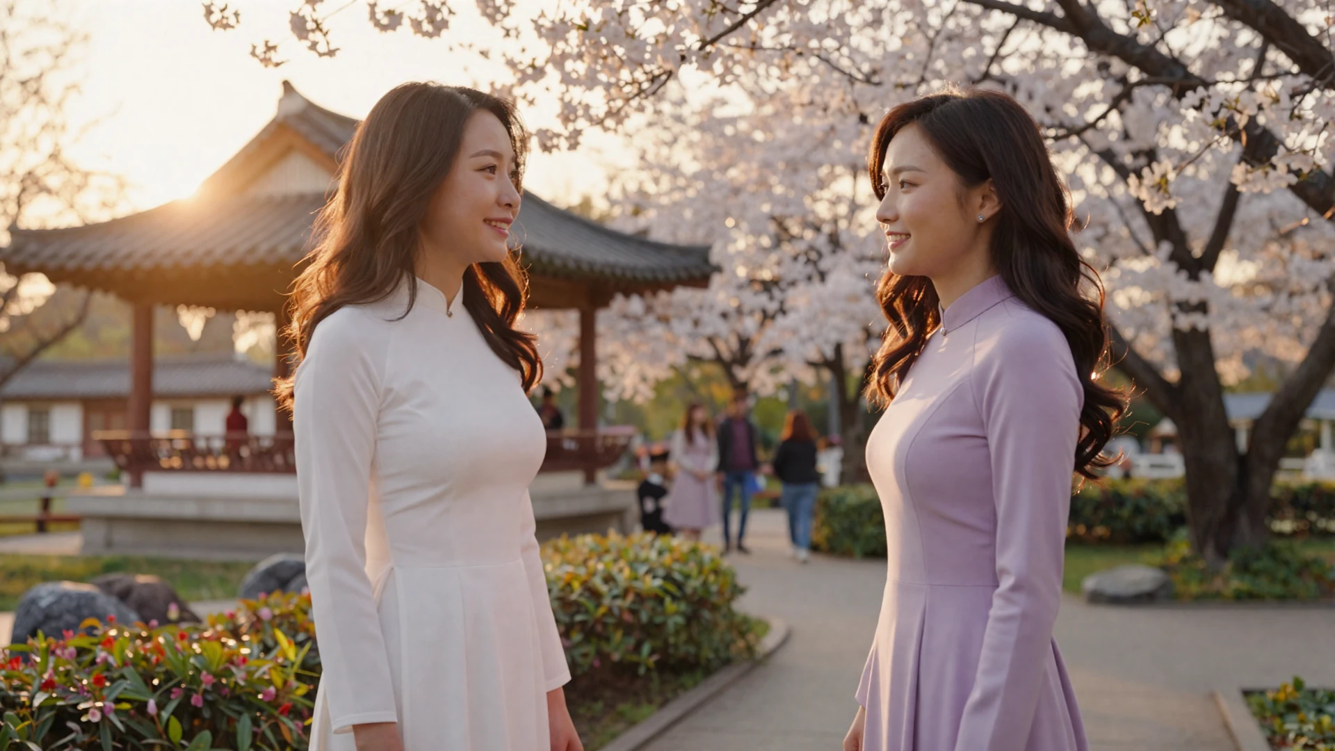 Beautiful Asian women in a romantic garden setting at golden hour