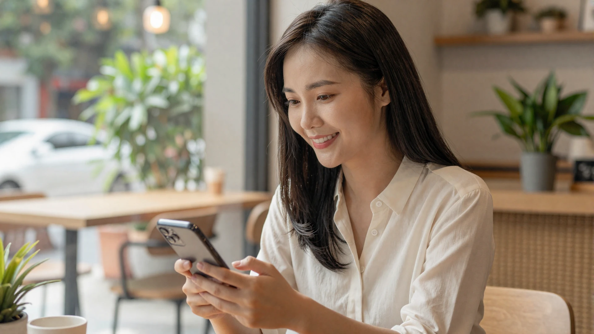 Asian woman browsing dating platform on her phone in a cozy cafe setting