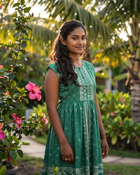 Beautiful Maldivian woman in modest green dress in tropical garden