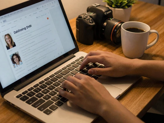 Man writing a compelling dating profile bio on his laptop at home