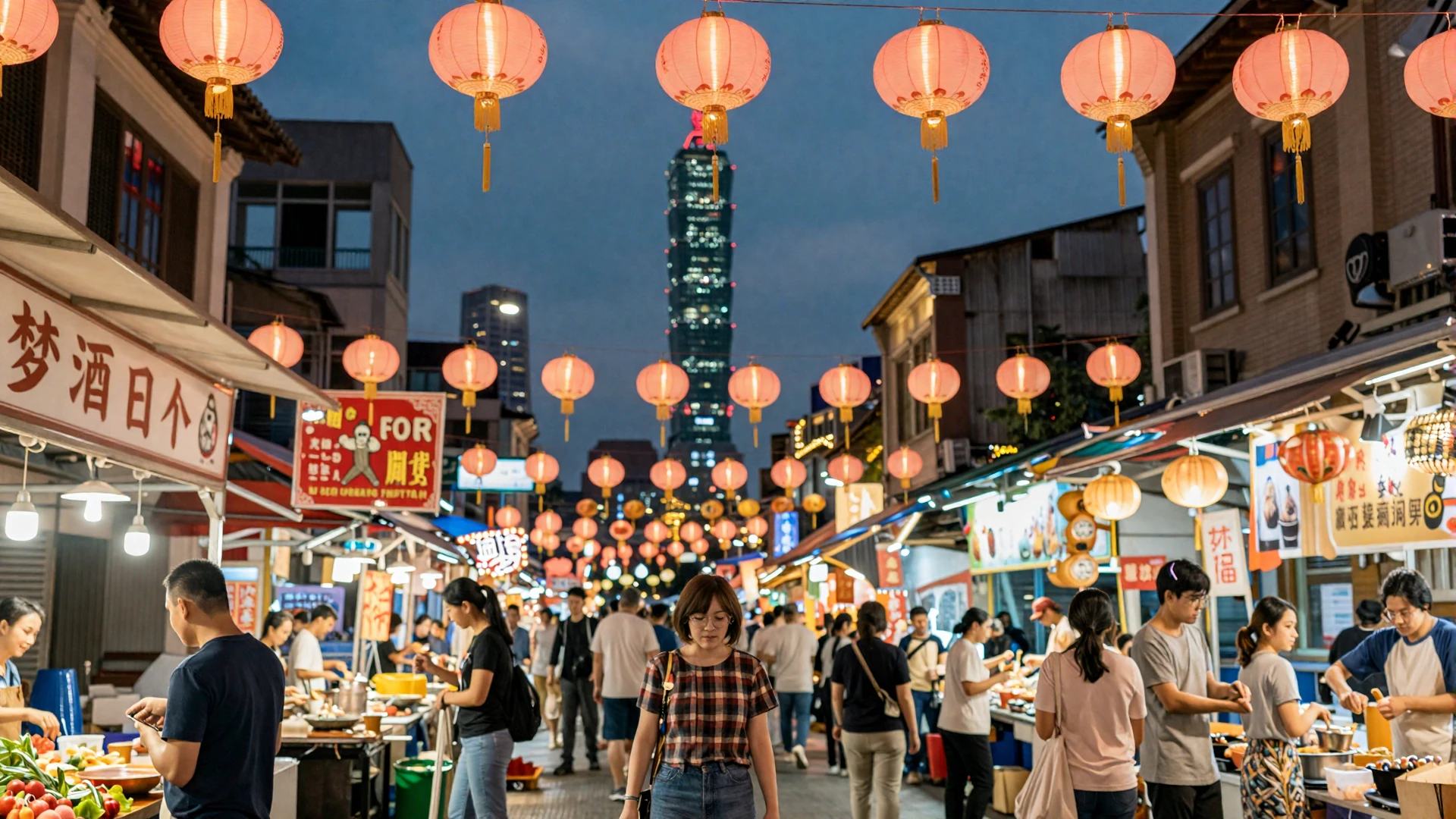 Taipei cityscape at night with lantern lights and Taipei 101 tower for Taiwanese women dating