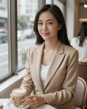 Stylish Taiwanese woman enjoying a latte at modern Taipei cafe