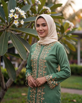 Elegant Bruneian woman in traditional baju kurung in tropical garden setting