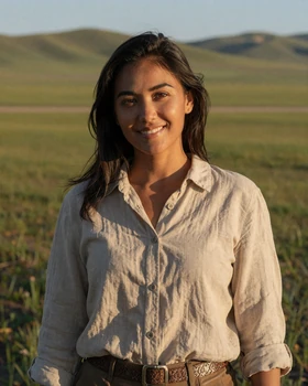 Beautiful Mongolian woman standing on the green steppe in casual modern clothing