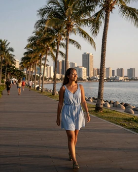 Young Filipina woman walking along Manila Bay boardwalk at sunset