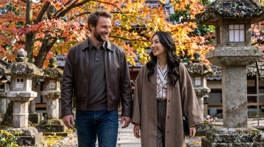 Happy Western man and Japanese woman walking through a temple garden together
