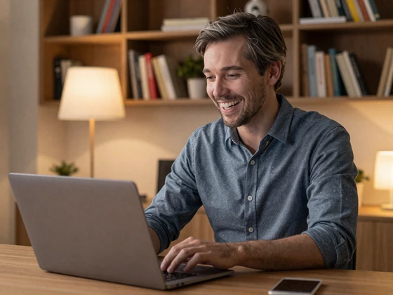 Man video chatting with a Japanese woman on laptop in cozy living room with warm lighting