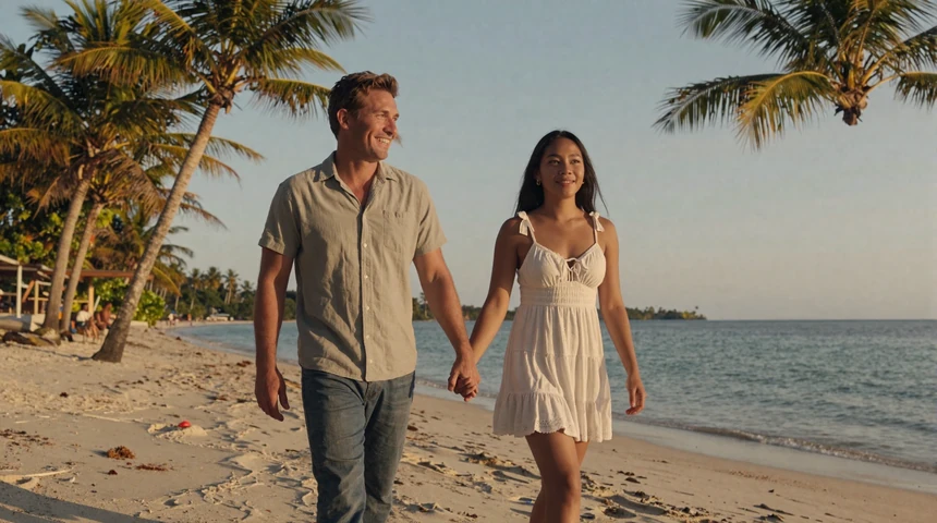 Happy Western man and Filipina woman walking hand in hand on a tropical Cebu beach at sunset
