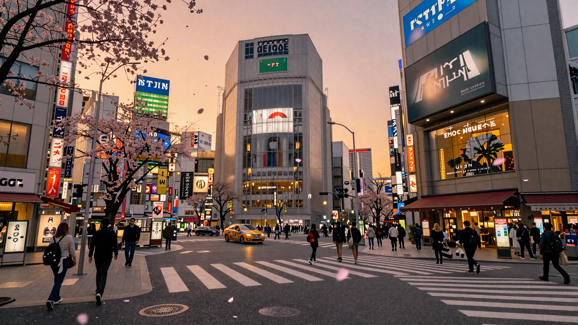 Tokyo cityscape at sunset with cherry blossoms for Japanese women dating