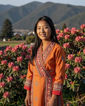 Beautiful Bhutanese woman in traditional kira dress with Himalayan garden backdrop
