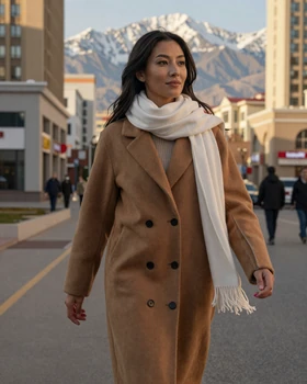 Beautiful Kazakh woman walking in modern Almaty with Tien Shan mountains backdrop