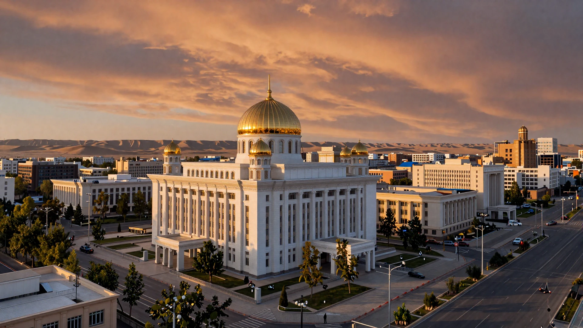 Ashgabat Turkmenistan white marble cityscape at golden hour for Turkmen women dating