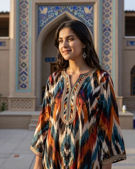 Beautiful Uzbek woman in traditional ikat silk dress in courtyard with blue tiles