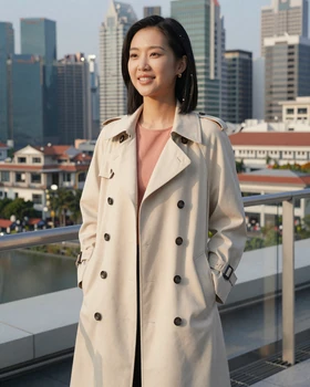 Stylish Singaporean woman in modern attire on rooftop terrace with city skyline