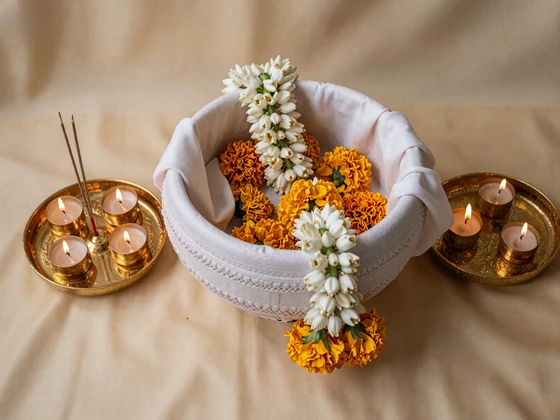 Traditional Thai wedding sai sin thread arrangement with jasmine garlands and golden Buddhist offering tray