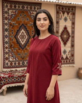 Beautiful Turkmen woman in modern attire with traditional embroidered accents