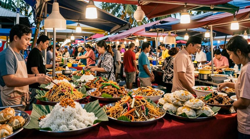 Vibrant Malaysian food market showcasing multicultural cuisine from Malay Chinese and Indian traditions