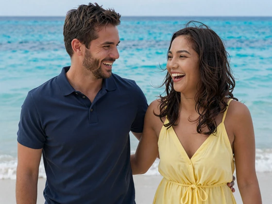 David and Maria laughing together on a tropical beach in Cebu Philippines