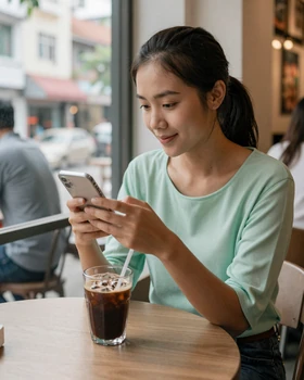 Young Cambodian woman at a modern Phnom Penh cafe reading on her phone