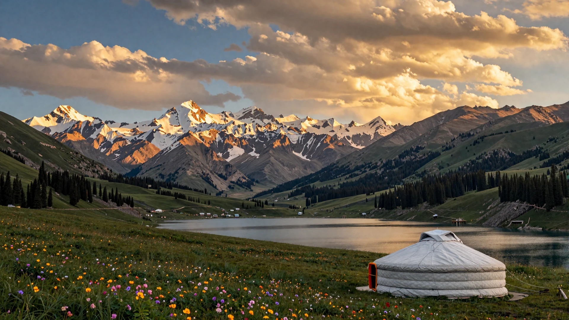 Kyrgyzstan Tian Shan mountains and Issyk-Kul lake at golden hour for Kyrgyz women dating
