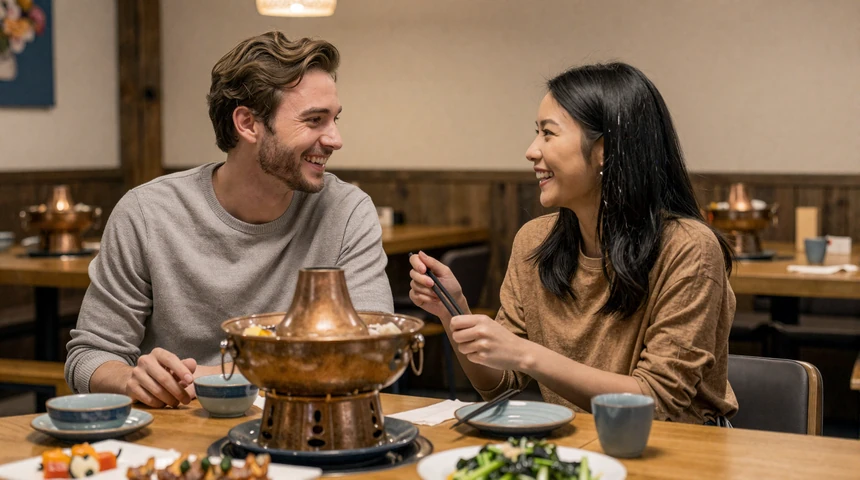 Happy Western man and Chinese woman sharing a traditional hotpot meal together