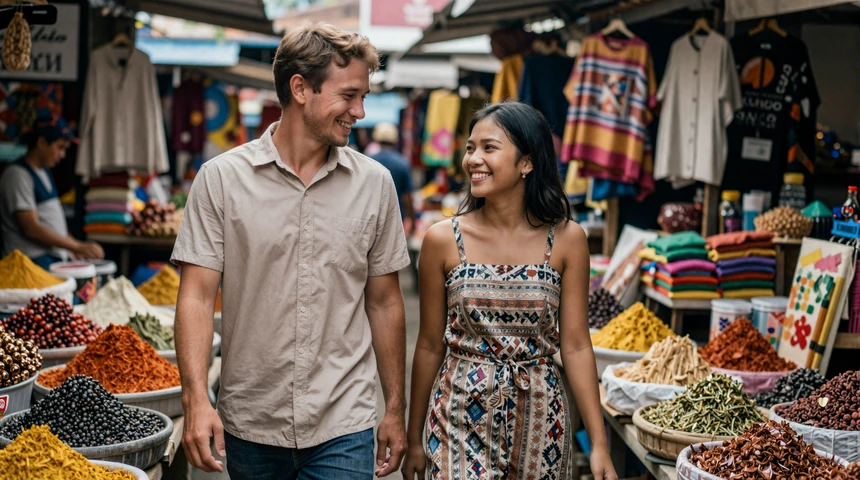 Happy Western man and Indonesian woman walking through a colorful Indonesian market together