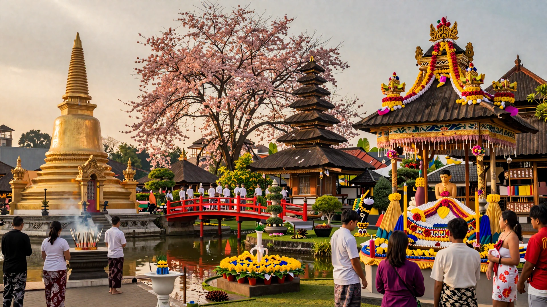 Diverse Asian cultural landmarks including Thai temples, Japanese gardens, and Indonesian ceremonies representing dating culture differences