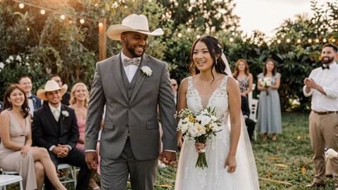 American man and Asian bride at wedding celebration