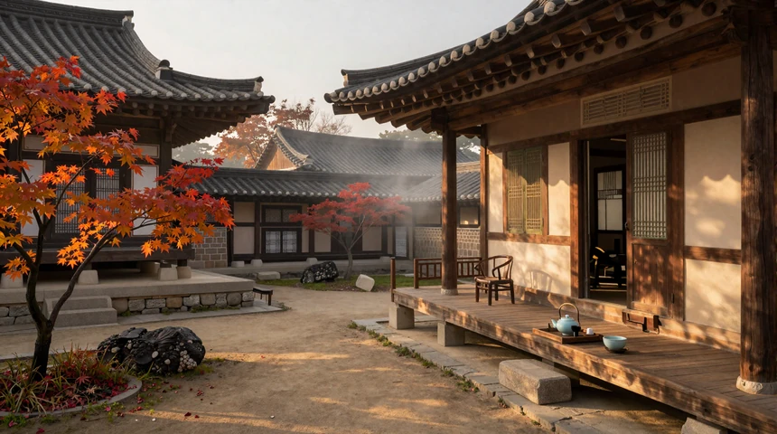 Traditional Korean courtyard with autumn colors reflecting Confucian cultural heritage