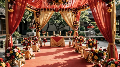 Traditional Asian wedding ceremony decorations with red and gold themes