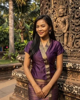 Beautiful Cambodian woman in traditional Khmer silk sampot in garden setting