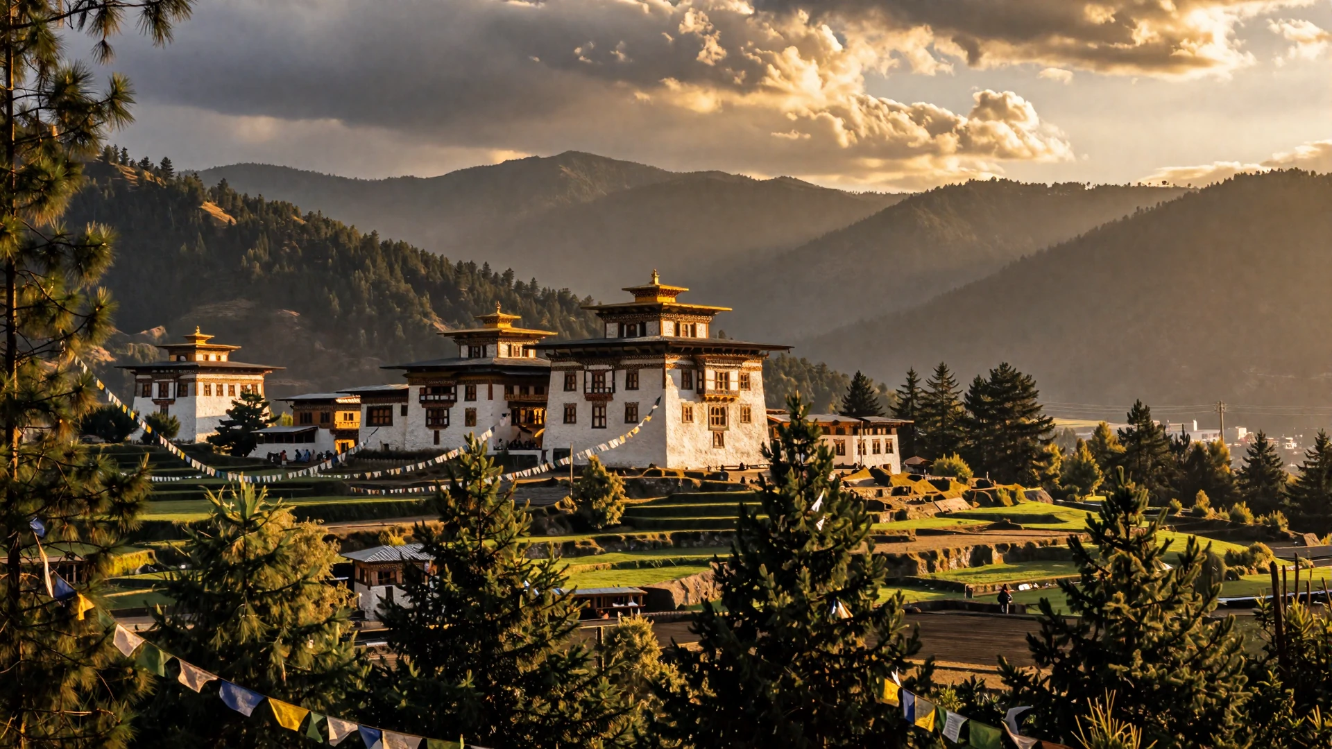Bhutan Thimphu valley with dzong fortress and Himalayan mountains at sunset for Bhutanese women dating
