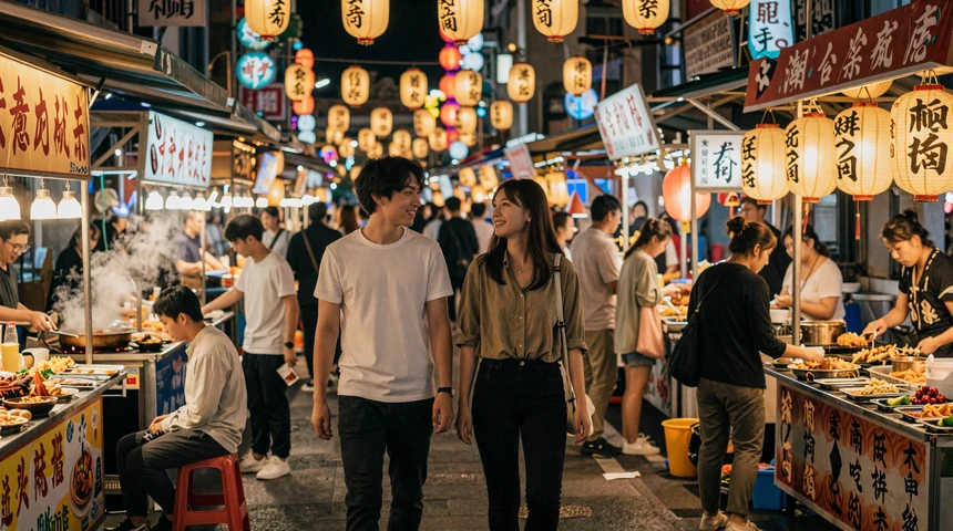 Couple enjoying a romantic evening at a Taiwanese night market with warm lantern lights and food stalls