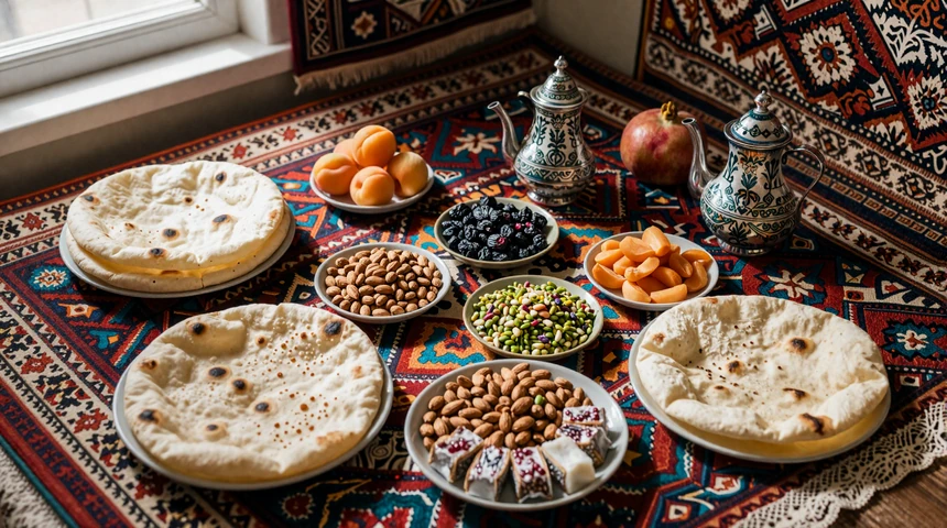 Traditional Tajik dastarkhan feast with flatbread dried fruits and green tea