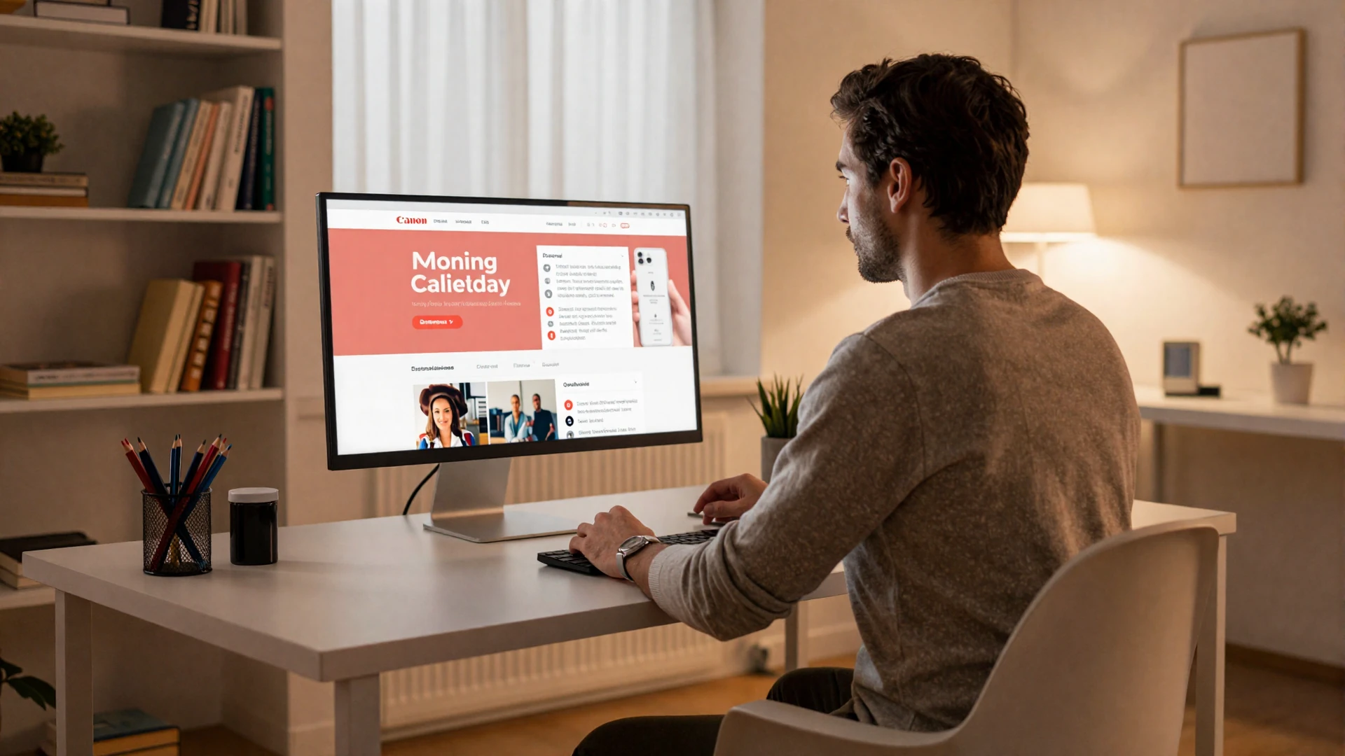 Man reviewing Asian dating platforms on his computer in a modern home office