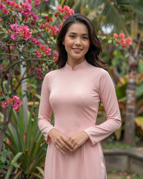 Beautiful Vietnamese woman in modern ao dai dress in tropical garden setting