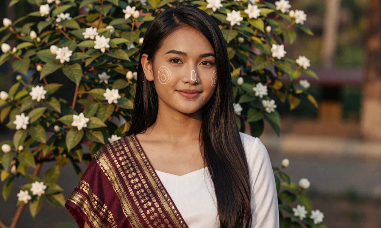 Beautiful Burmese woman wearing traditional htamein with thanaka paste on cheeks in sunlit garden