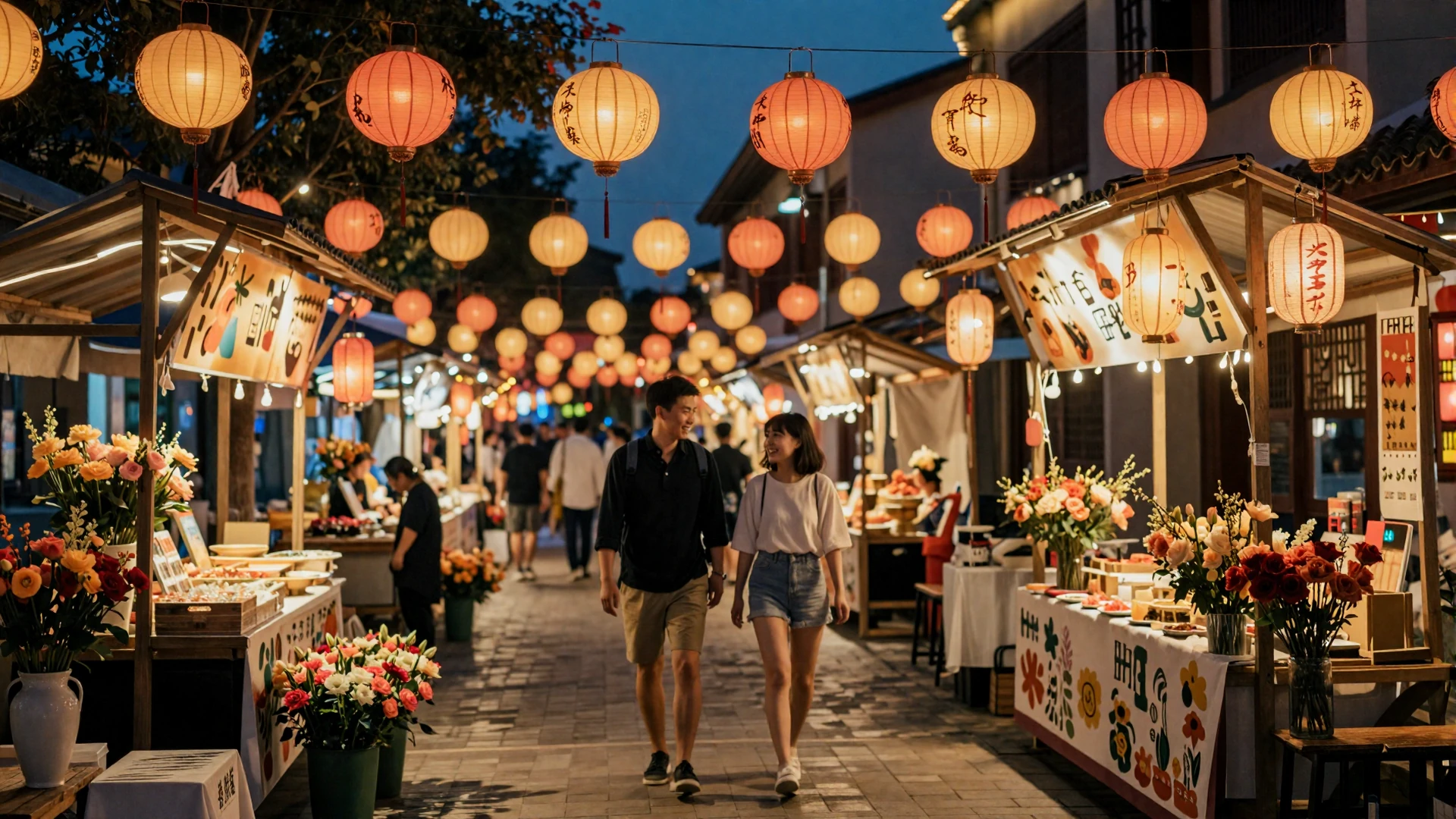 Romantic Asian night market scene with warm lanterns perfect for a first date