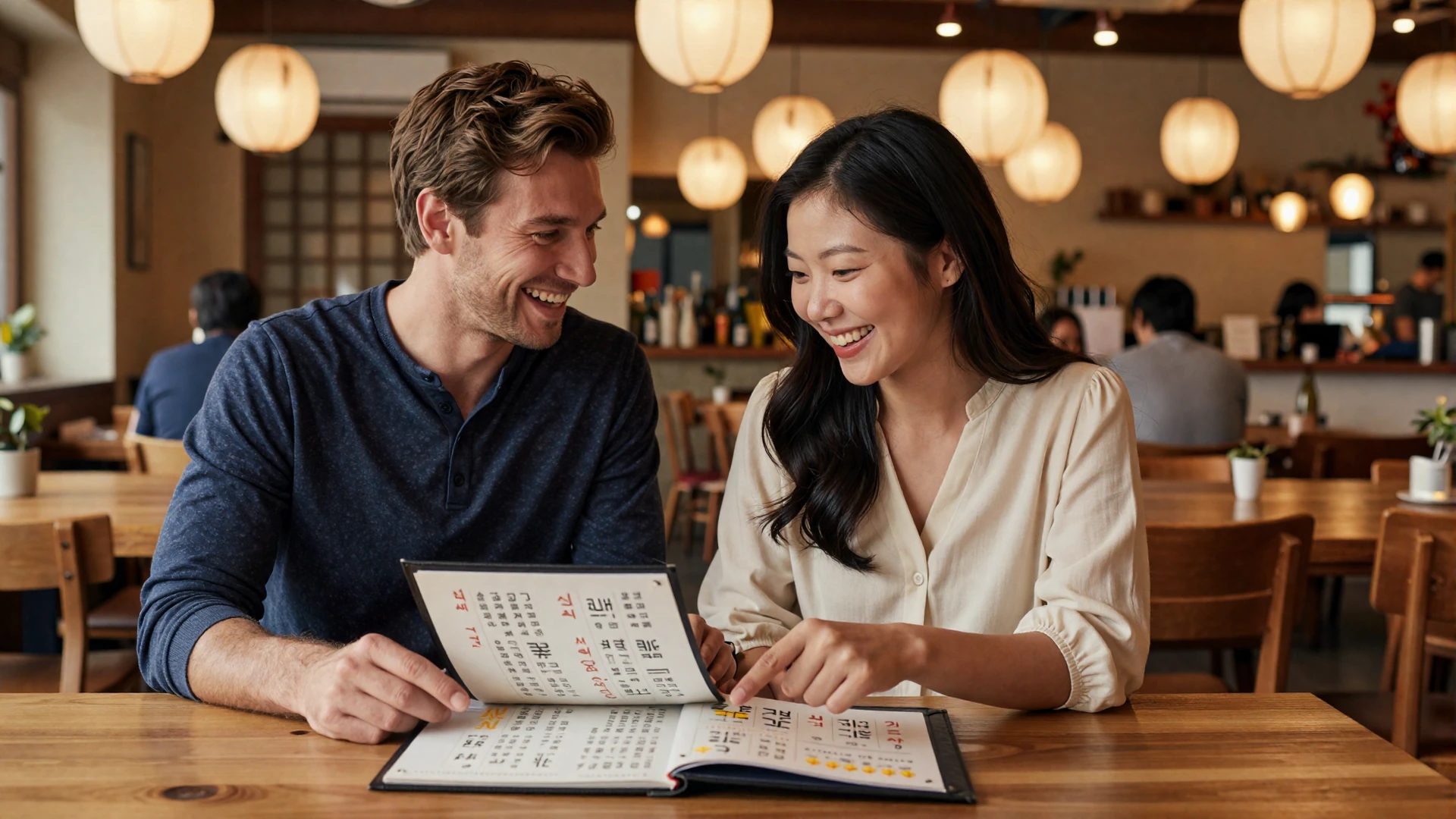 Couple learning Asian language together in a warm restaurant setting with paper lanterns