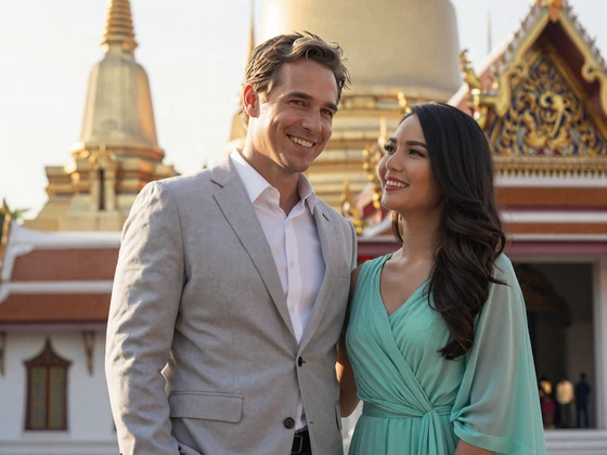 Robert and Araya posing together in front of a golden Thai temple in Bangkok